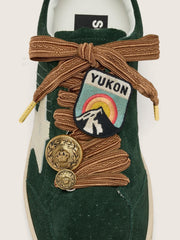 Golden Goose Skins burgundy and peach embroidered laces with patch and two charms