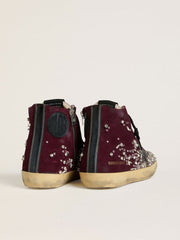 Golden Goose Women's Francy LAB in burgundy suede with glossy black leather star and rhinestones