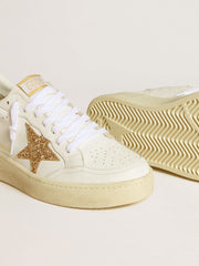 Golden Goose Women’s Ball Star in white leather with gold glitter star and black glitter heel tab