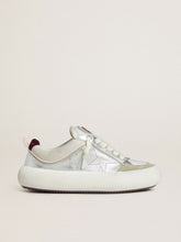 Golden Goose Women’s Space-Star Cube in ice-gray and silver leather with burgundy heel tab