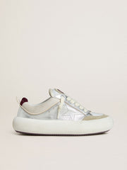 Golden Goose Women’s Space-Star Cube in ice-gray and silver leather with burgundy heel tab