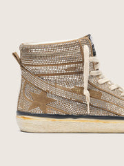 Golden Goose Women's Slide LAB sneakers in tobacco-colored suede with crystals and tobacco-colored suede star