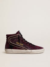 Golden Goose Women's Slide in black cherry glitter and suede with leather star and metallic leather flash