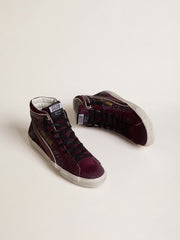 Golden Goose Women's Slide in black cherry glitter and suede with leather star and metallic leather flash