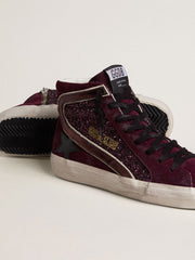 Golden Goose Women's Slide in black cherry glitter and suede with leather star and metallic leather flash
