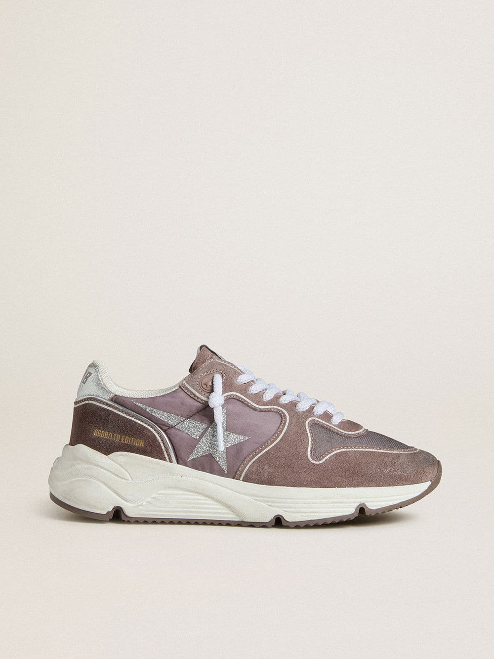 Golden Goose Women's Running Sole in lavender nylon and suede with printed star and silver leather heel tab