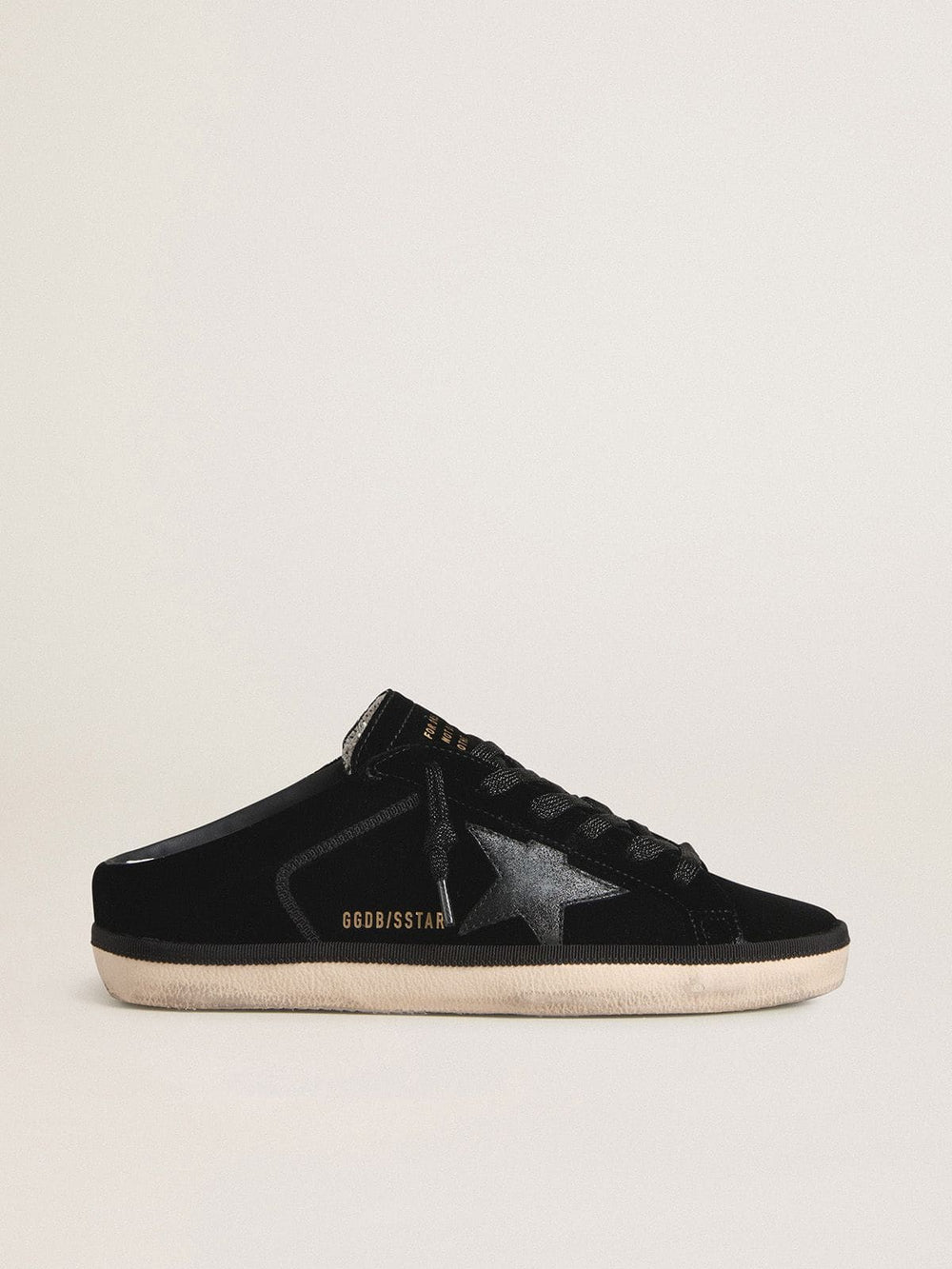 Golden Goose Women's Super-Star Sabots in black velvet with a black leather star with micro-glitter