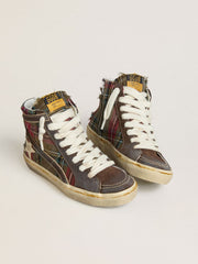Golden Goose Women's Slide in red tartan with silver nappa leather star and black suede flash