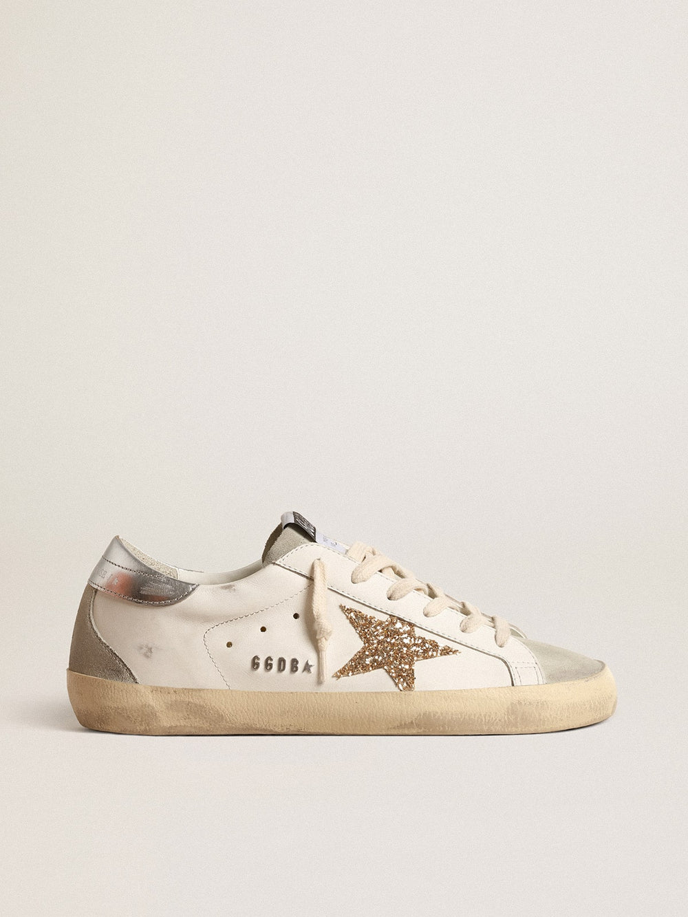 Golden Goose Women's Super-Star with gold glitter star and ice-gray suede inserts