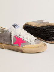 Golden Goose Women's Super-Star in dove-gray suede with fuchsia leather star and ocher suede heel tab