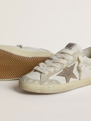 Golden Goose Women’s Super-Star LTD with beige suede star and heel tab and floral embroidery