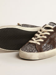 Golden Goose Super-Star in glitter with a brown star and lilac heel tab