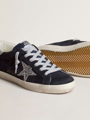 Golden Goose Women’s Super-Star in blue suede with silver glitter star and leather heel tab