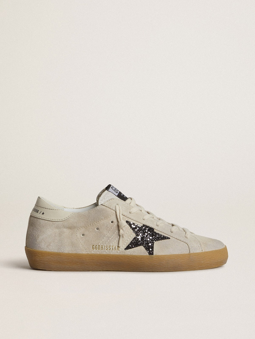 Golden Goose Women's Super-Star in ice-gray suede with silver glitter star and leather heel tab