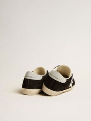 Golden Goose Women's Super-Star LTD in black suede with white printed star and silver glitter heel tab