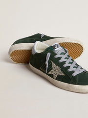 Golden Goose Women's Super-Star in green suede, silver glitter star and leather heel tab