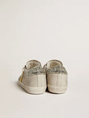 Golden Goose Women's Super-Star in ivory nappa leather with platinum glitter star and heel tab
