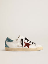 Golden Goose Women’s Super-Star with burgundy suede star and light blue glitter heel tab