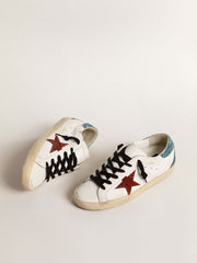 Golden Goose Women’s Super-Star with burgundy suede star and light blue glitter heel tab