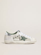 Golden Goose Women’s Super-Star LTD in white suede and mesh with green leather star and silver foiled leather heel tab