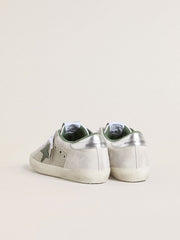 Golden Goose Women’s Super-Star LTD in white suede and mesh with green leather star and silver foiled leather heel tab