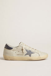 Golden Goose Super-Star with cream-colored leather star with Swarovski crystals and blue leather heel tab with lizard print