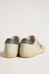 Golden Goose Super-Star with cream-colored leather star with Swarovski crystals and blue leather heel tab with lizard print