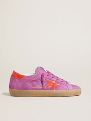 Golden Goose Women's Super-Star in fuchsia suede with fluorescent orange laminated leather star and heel tab