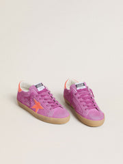 Golden Goose Women's Super-Star in fuchsia suede with fluorescent orange laminated leather star and heel tab