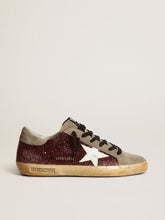 Golden Goose Women's Super-Star in burgundy glitter with white leather star and dove-gray suede tongue