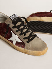 Golden Goose Women's Super-Star in burgundy glitter with white leather star and dove-gray suede tongue