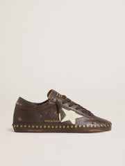Golden Goose Women’s Super-Star LTD in dark brown leather with cream suede star and studs