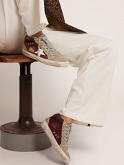 Golden Goose Women's Mid Star in burgundy glitter with gray inserts and white star