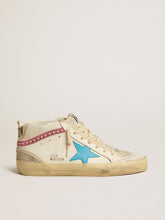Golden Goose Women's Mid Star in leather with light blue star and fuchsia suede flash with platinum studs