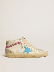 Golden Goose Women's Mid Star in leather with light blue star and fuchsia suede flash with platinum studs