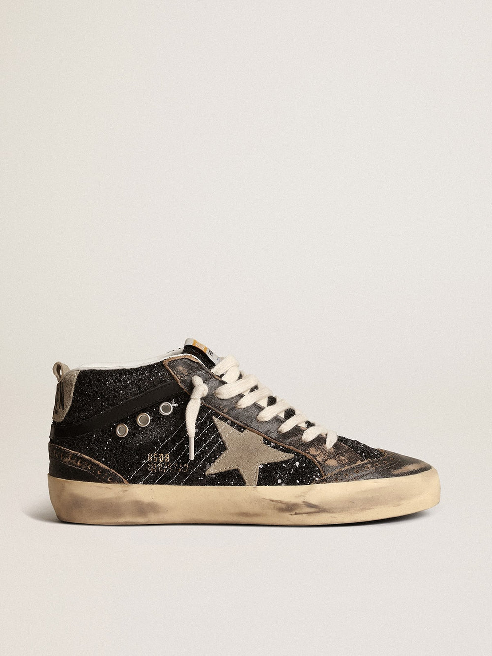 Golden Goose Women’s Mid Star in black glitter with dove-gray suede star and heel tab
