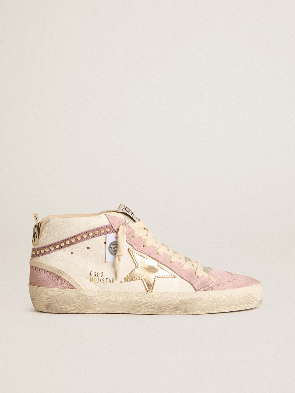 Golden Goose Mid Star with gold leather star and pink suede flash with pearls