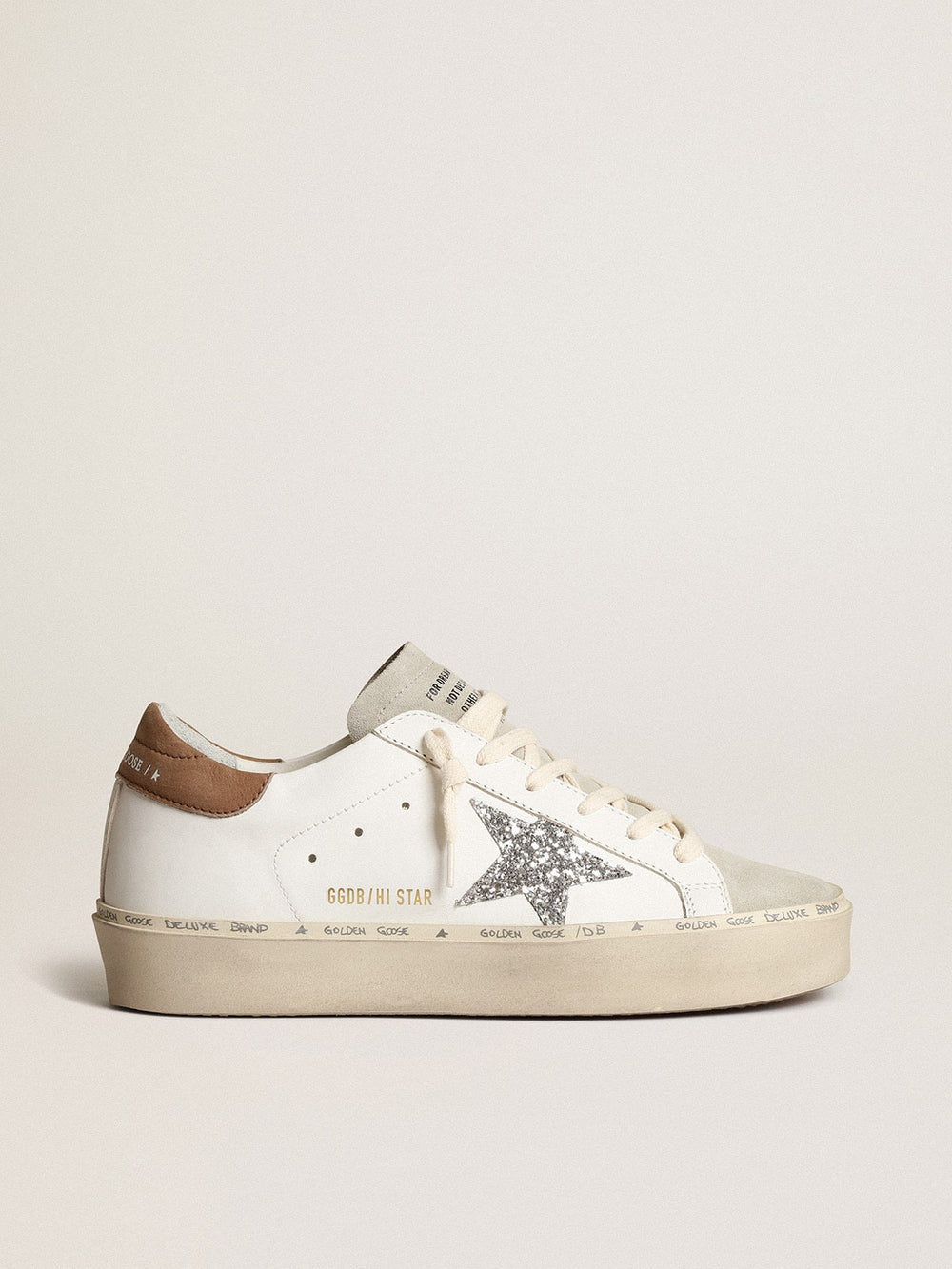 Golden Goose Women’s Hi Star with silver glitter star and dove-gray nubuck heel tab