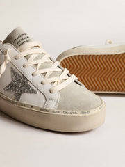 Golden Goose Women’s Hi Star with silver glitter star and dove-gray nubuck heel tab
