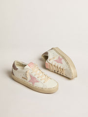 Golden Goose Hi Star in white leather with pink suede star and pink glitter heel tab