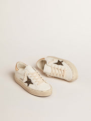 Golden Goose Hi Star with black and gold glitter star and gold heel tab