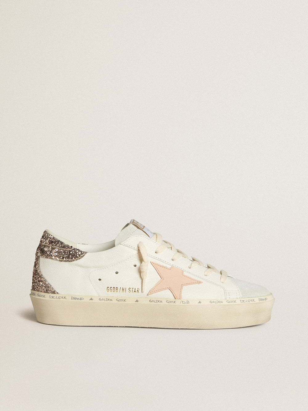 Golden Goose Hi Star in white nappa with pink leather star and glitter heel tab