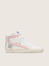 Golden Goose Women's Slide in white leather with silver glitter star and pink leather flash