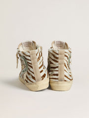 Golden Goose Women's Slide in zebra-print pony skin with green laminated leather flash