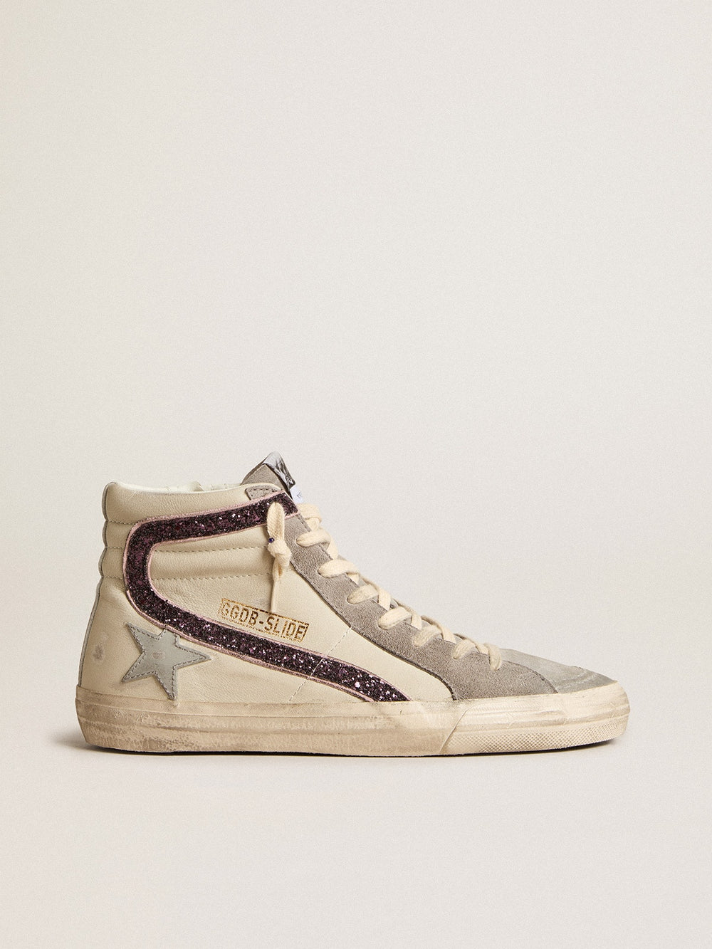 Golden Goose Slide with gray leather star and wine-colored glitter flash