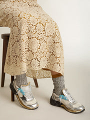 Golden Goose Women's Dad-Star in mesh and silver foiled leather with black suede star