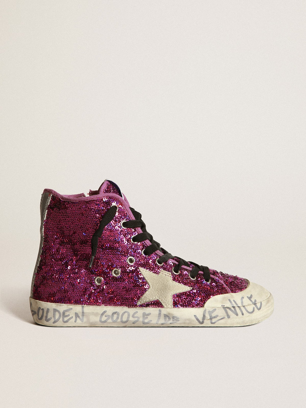 Golden Goose Francy sneakers with sequins and handwritten lettering on the outsole