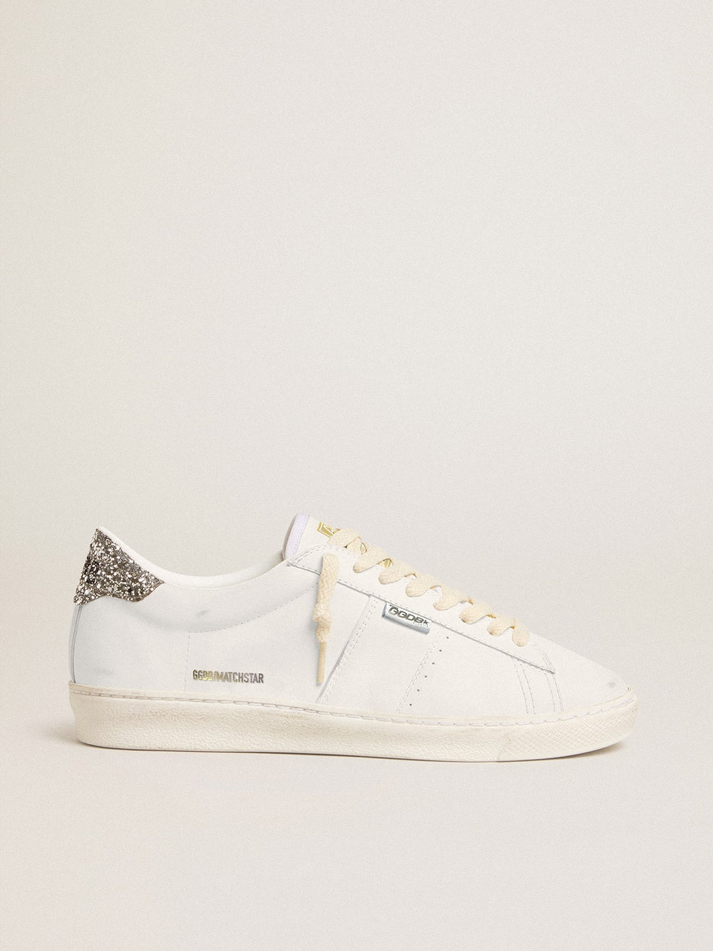 Golden Goose Matchstar in white leather with silver glitter heel tab