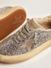 Golden Goose Women's Space-Star shoes in silver glitter with shearling lining