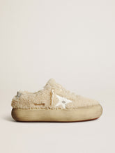 Golden Goose Women’s Space-Star shoes in beige shearling with white leather star and metallic leather heel tab